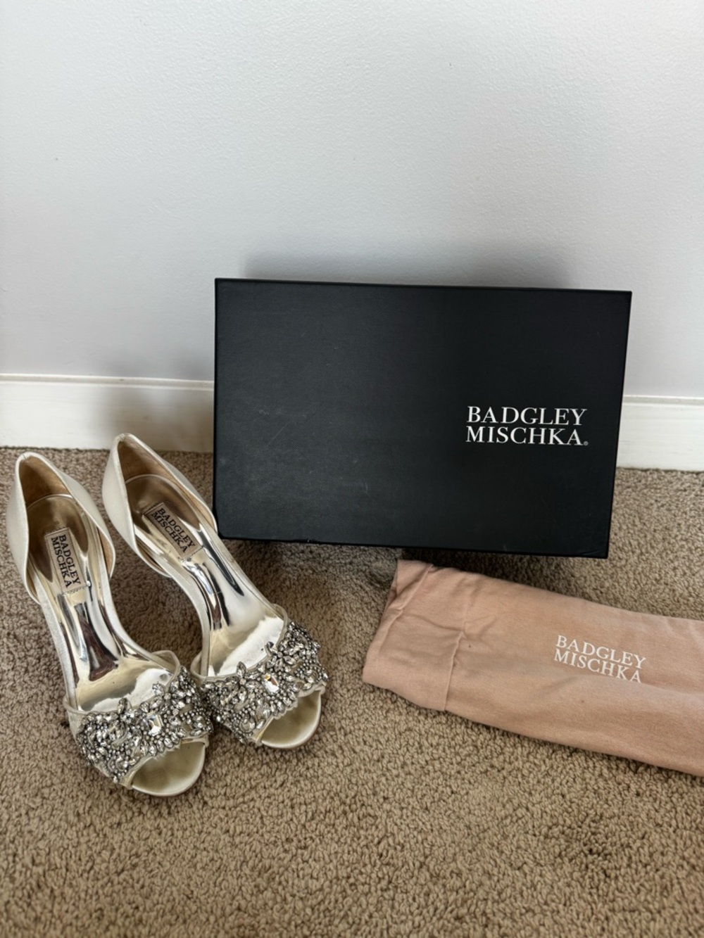 Badgley Mischka Ivory Satin Open-Toe Heels with Crystal Embellishment